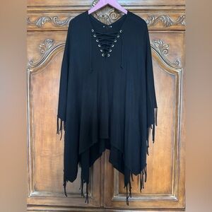 MIchael Kors Black/Gold Grommet Lace Up Poncho with Fringe